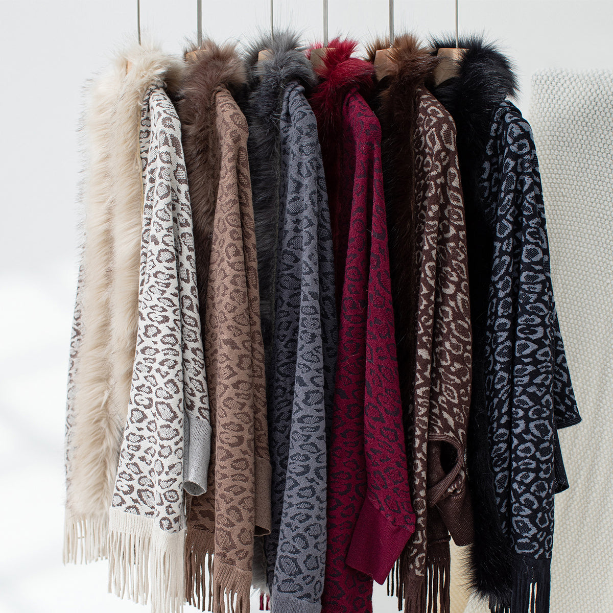Leopard Faux Fur Collar Fringed Cape Cardigan - Apricot - 5