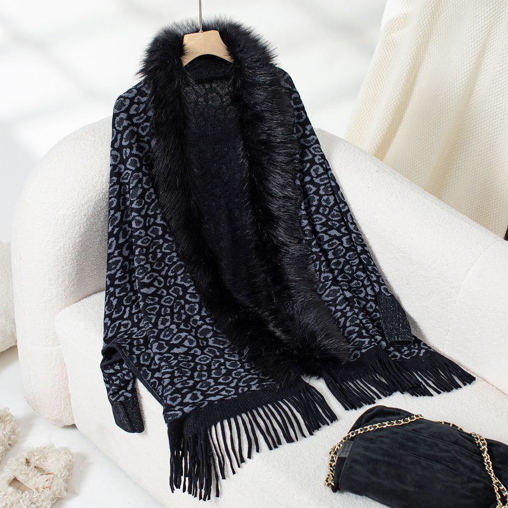 Leopard Faux Fur Collar Fringed Cape Cardigan - Black