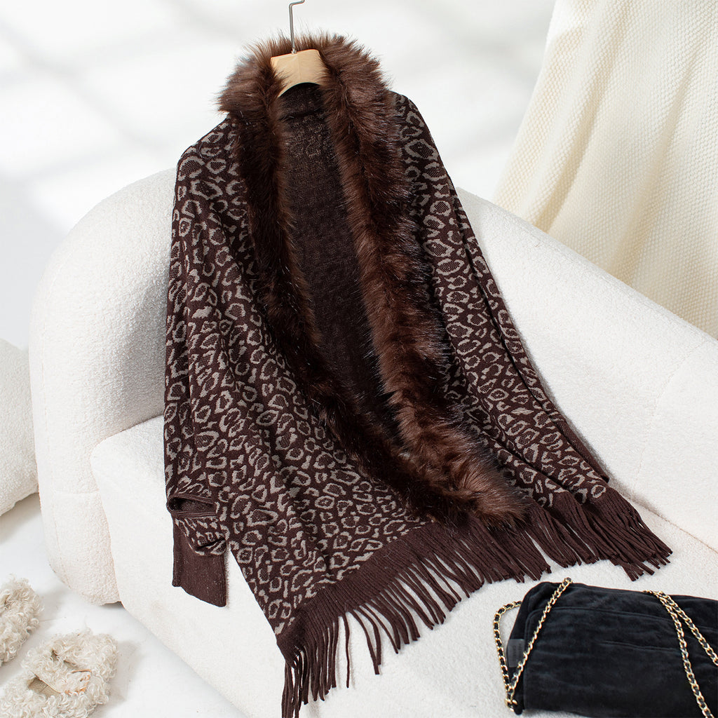 Leopard Faux Fur Collar Fringed Cape Cardigan - Coffee