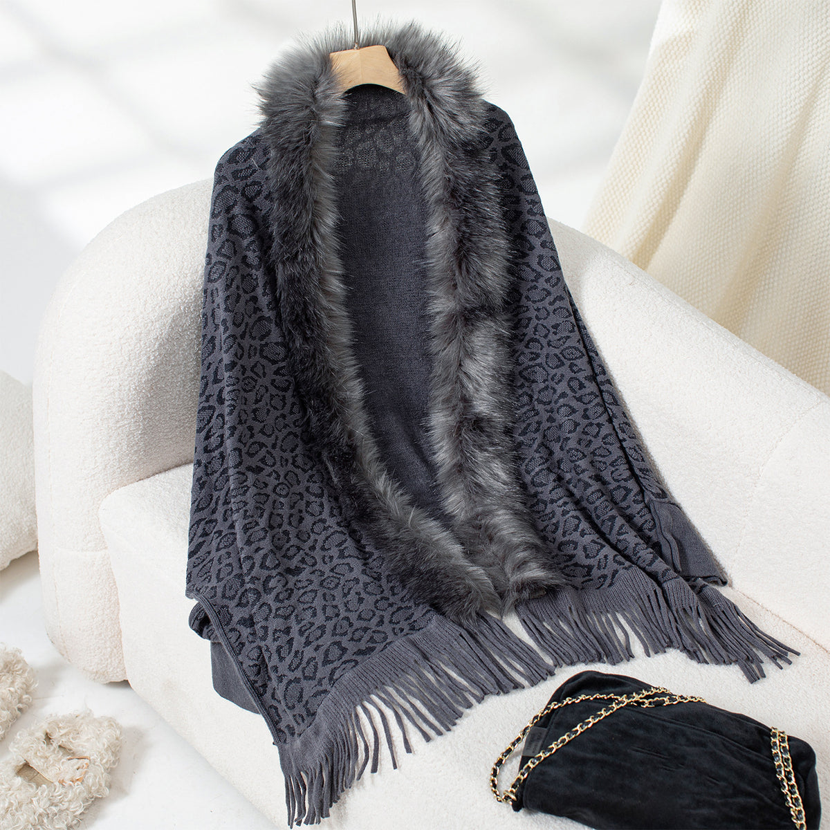 Leopard Faux Fur Collar Fringed Cape Cardigan - Grey