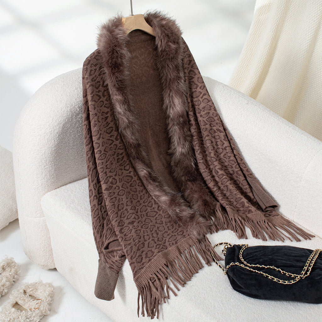 Leopard Faux Fur Collar Fringed Cape Cardigan - Khaki