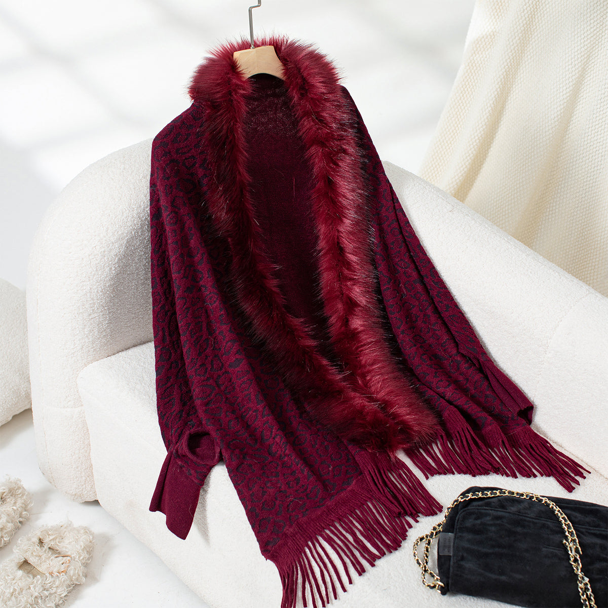 Leopard Faux Fur Collar Fringed Cape Cardigan - Winered