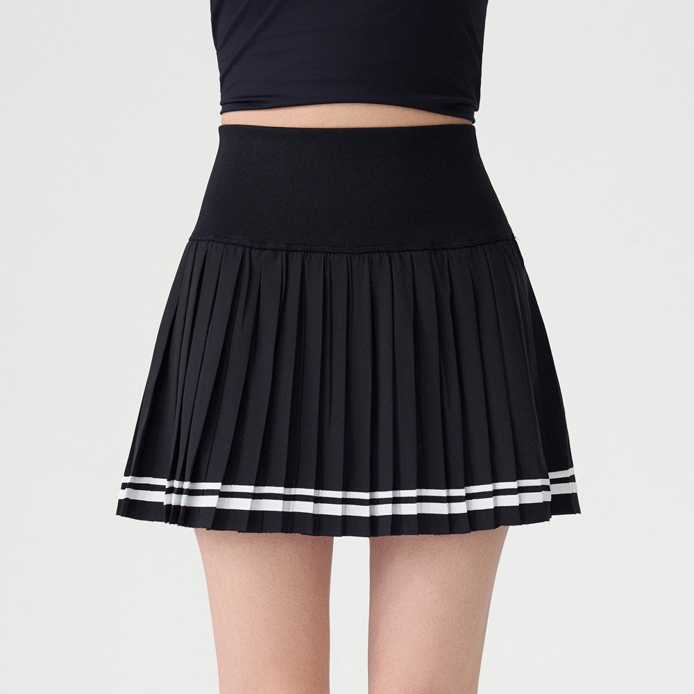 Pleated Striped Hem High Waist Tennis Skort - Black