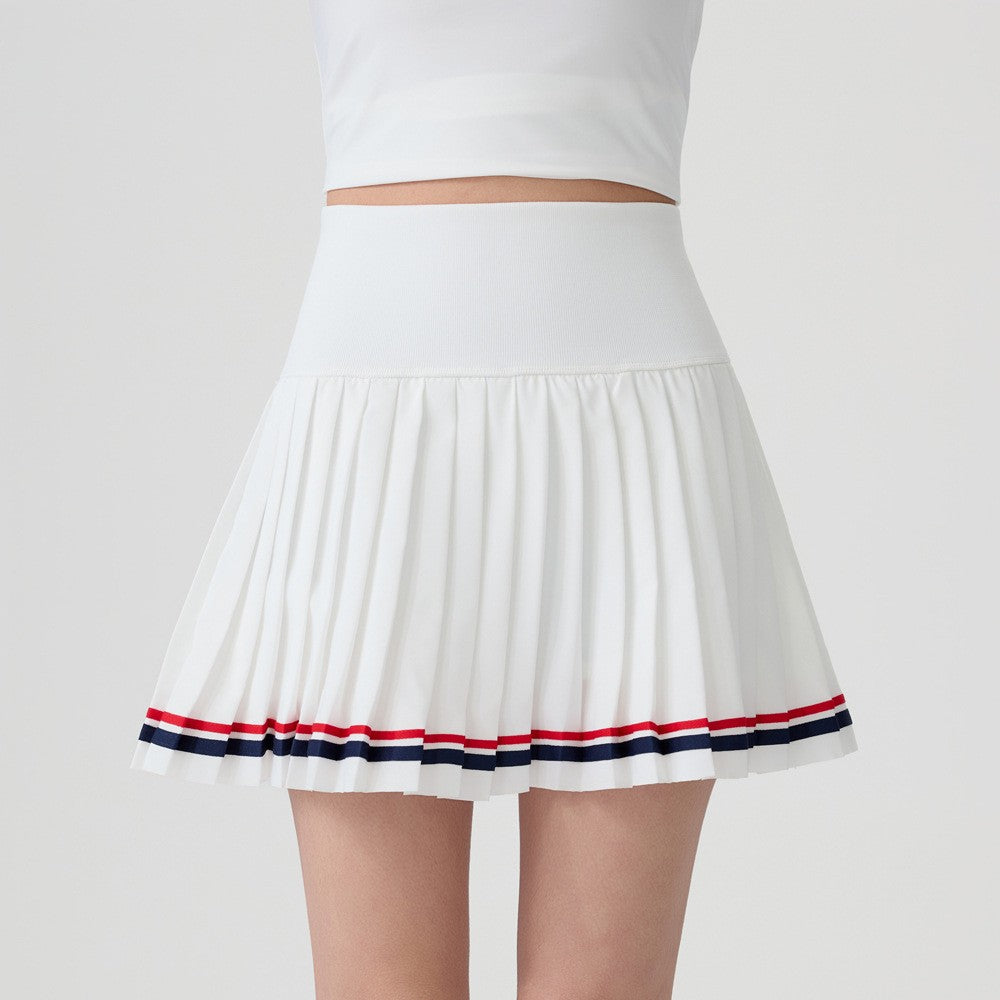 Pleated Striped Hem High Waist Tennis Skort - White