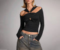 Off Shoulder Cutout Long Sleeve Top - Black