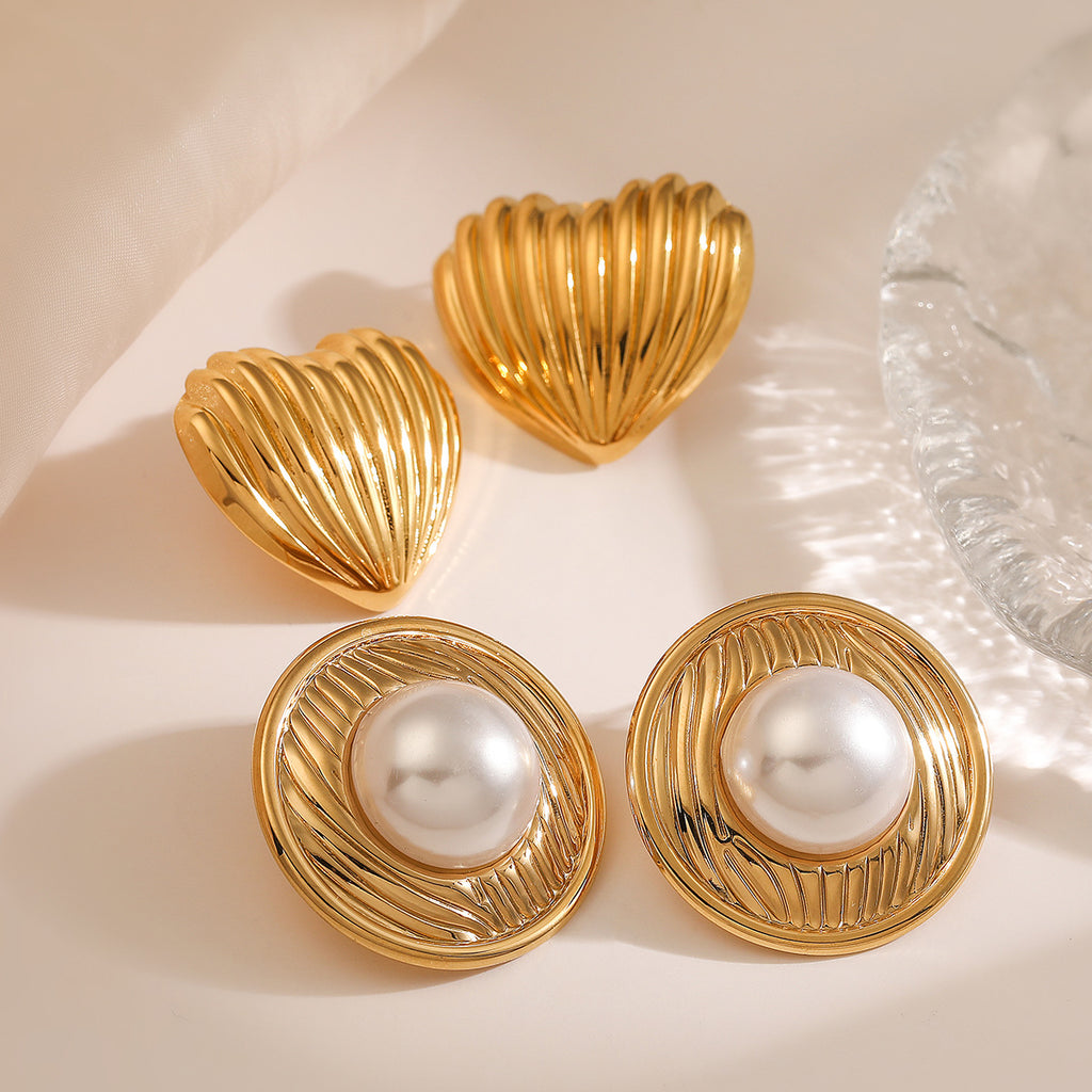 Ribbed Dome Pearl Statement Stud Earrings