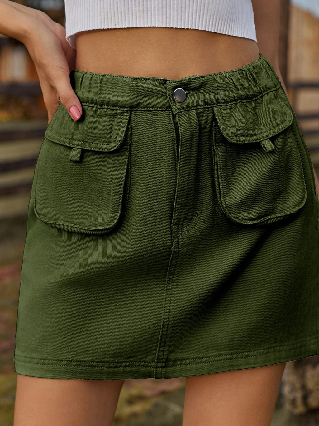 Washed Twill Utility Pocket Mini Skirt - Green - 3