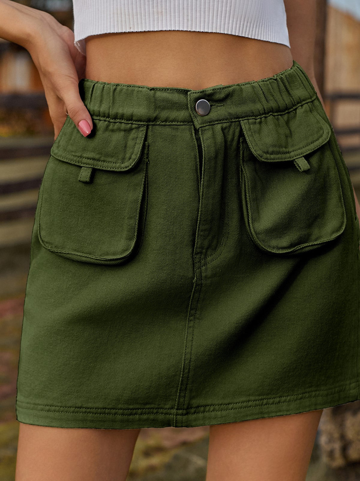 Washed Twill Utility Pocket Mini Skirt - Green - 3