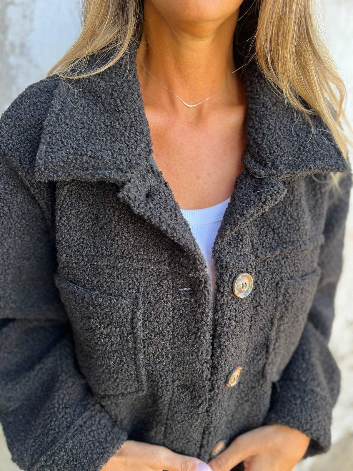Teddy Sherpa Button Front Pocket Coat - Black