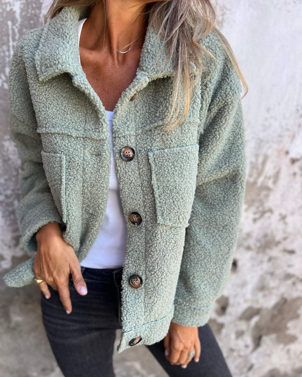 Teddy Sherpa Button Front Pocket Coat - Green