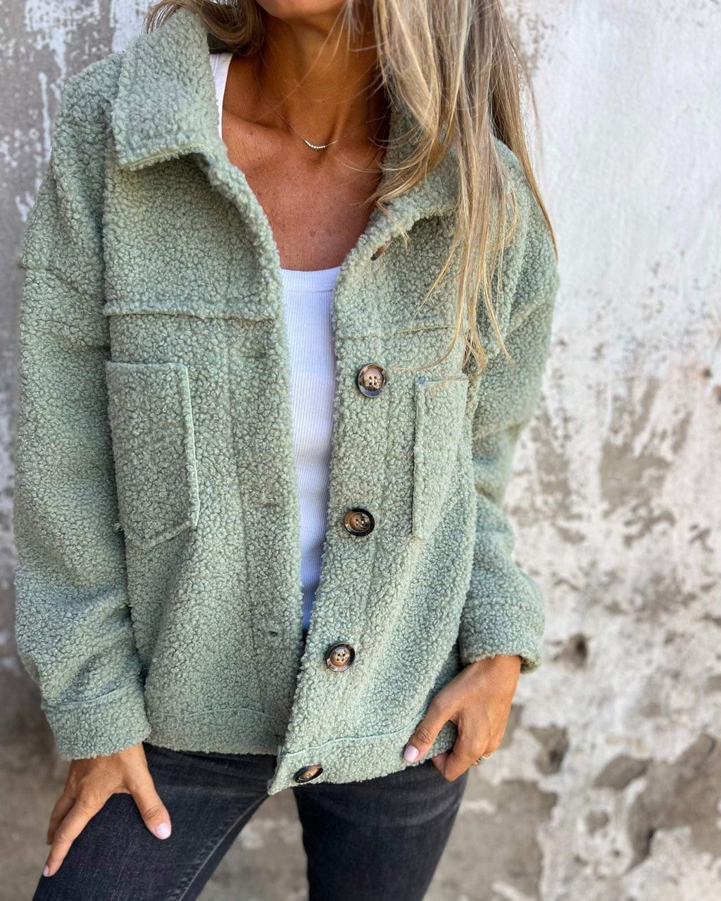 Teddy Sherpa Button Front Pocket Coat - Green - 1