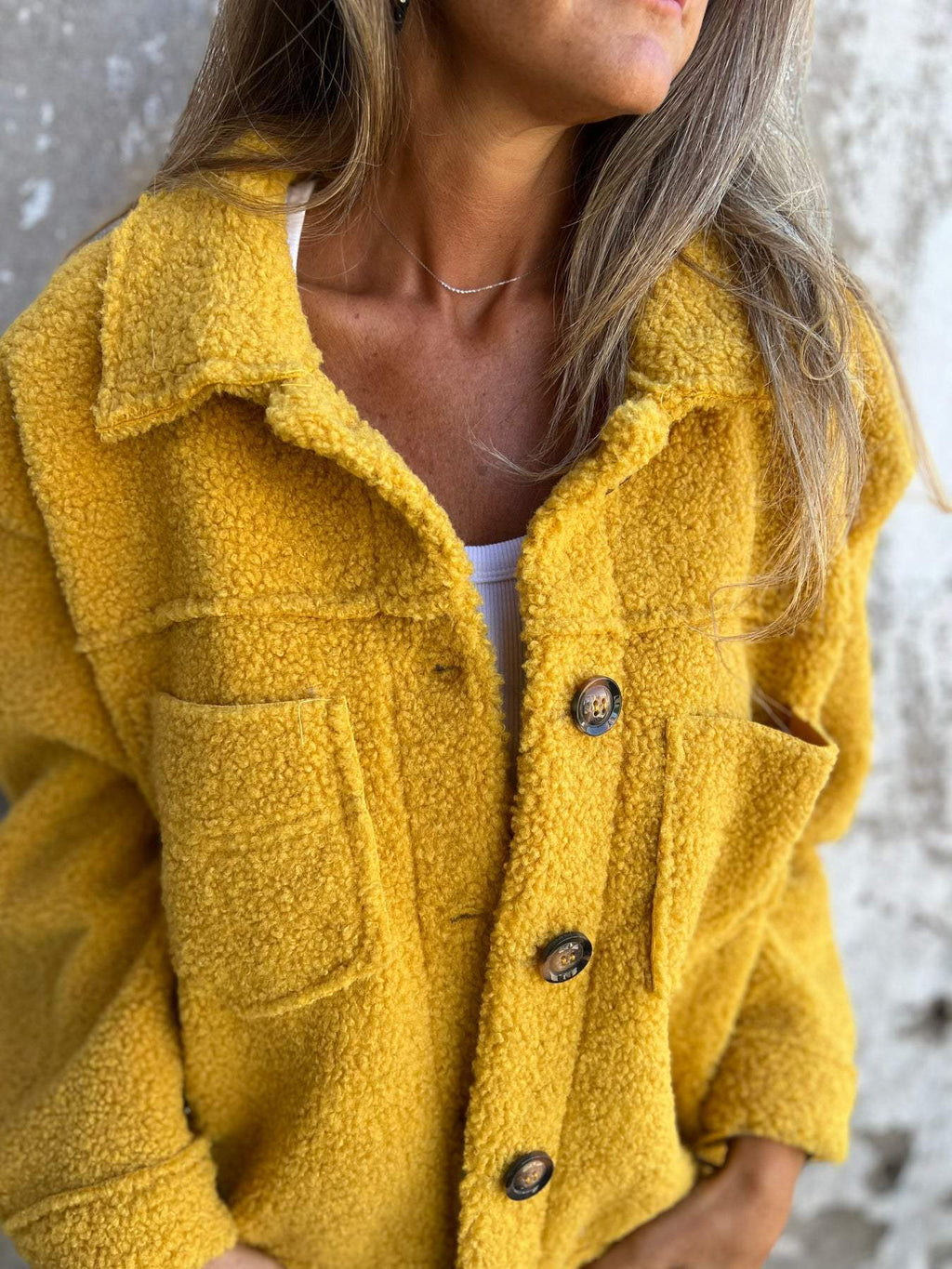 Teddy Sherpa Button Front Pocket Coat - Yellow