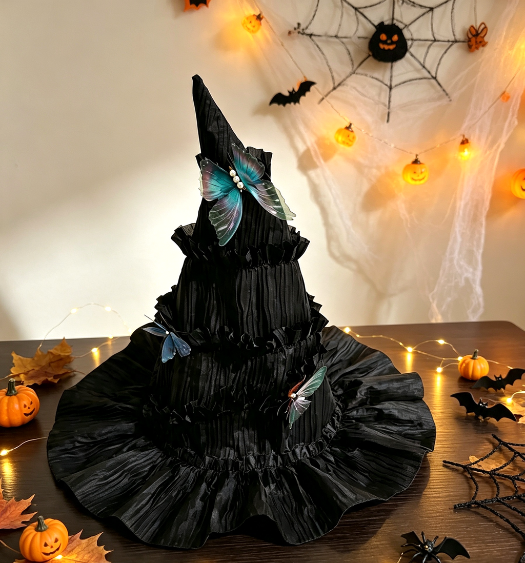 Ruffled Witch Hat With Detachable Butterflies - Black