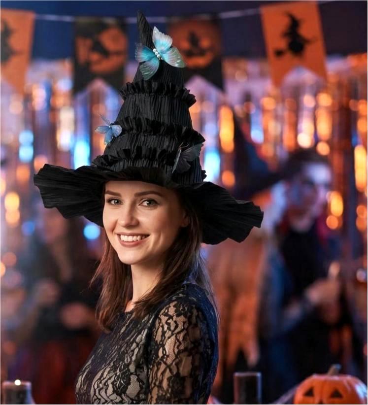 Ruffled Witch Hat With Detachable Butterflies - Black - 2