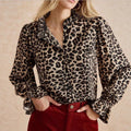 Sheer Leopard Ruffle Cuff Button Blouse - Leopard