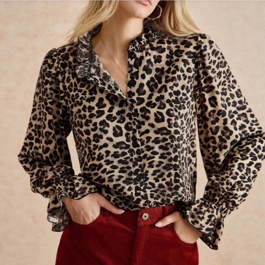 Sheer Leopard Ruffle Cuff Button Blouse - Leopard