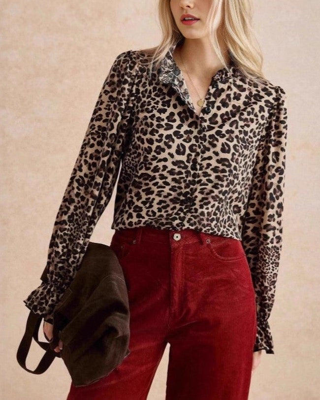 Sheer Leopard Ruffle Cuff Button Blouse - Leopard - 1