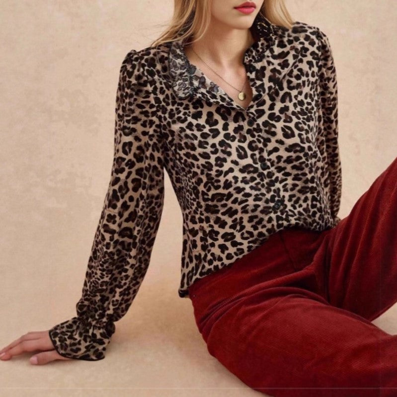 Sheer Leopard Ruffle Cuff Button Blouse - Leopard - 2