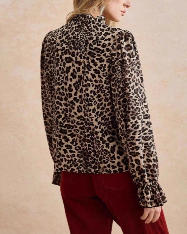 Sheer Leopard Ruffle Cuff Button Blouse - Leopard - 3