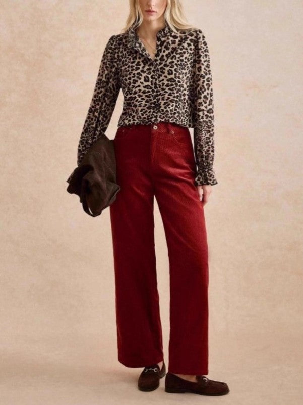 Sheer Leopard Ruffle Cuff Button Blouse - Leopard - 4