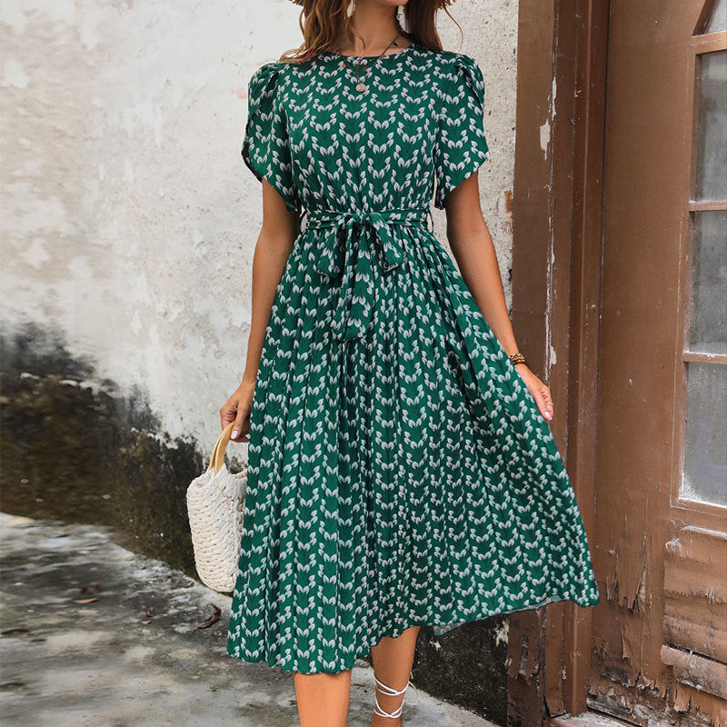 Puff Sleeve Tulip Print Tie Waist Midi Dress - Green