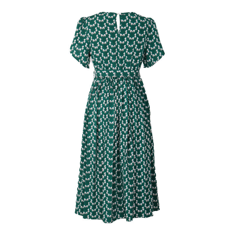 Puff Sleeve Tulip Print Tie Waist Midi Dress - Green - 1