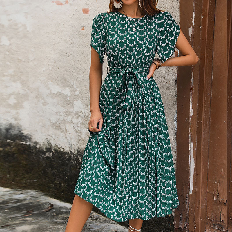 Puff Sleeve Tulip Print Tie Waist Midi Dress - Green - 2