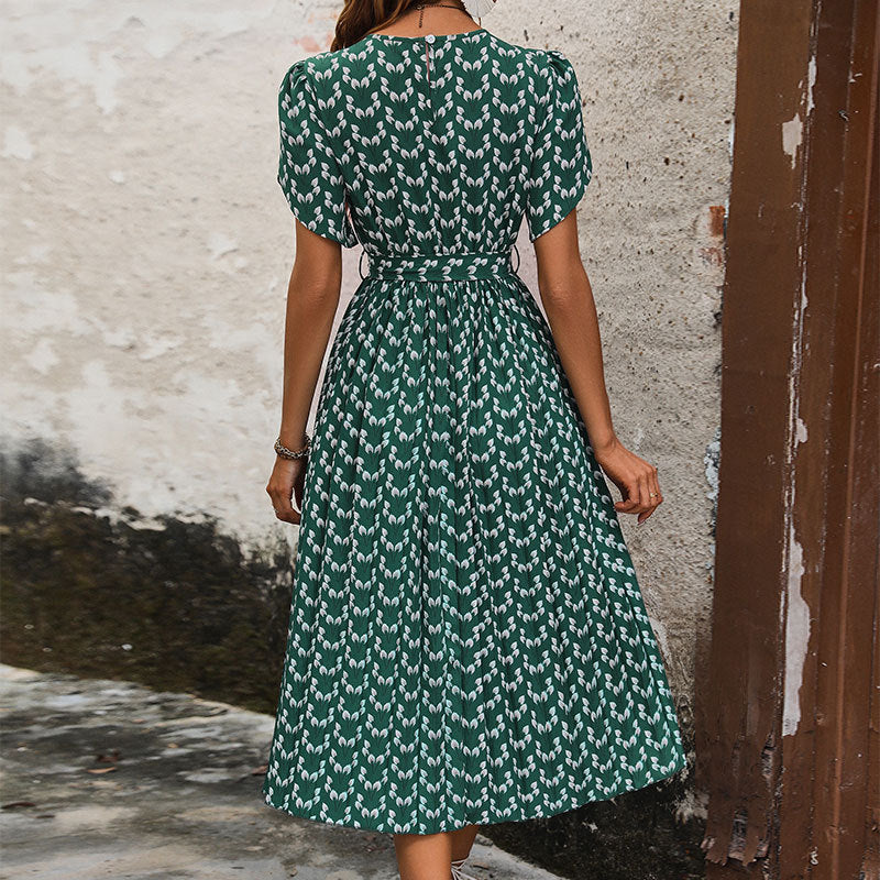 Puff Sleeve Tulip Print Tie Waist Midi Dress - Green - 3