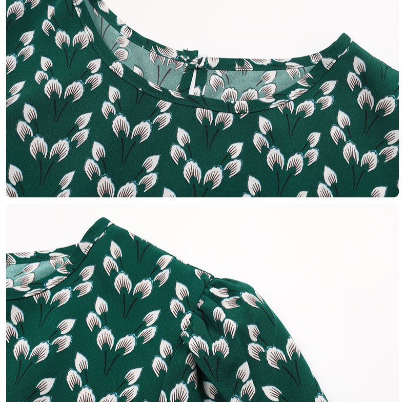 Puff Sleeve Tulip Print Tie Waist Midi Dress - Green - 5