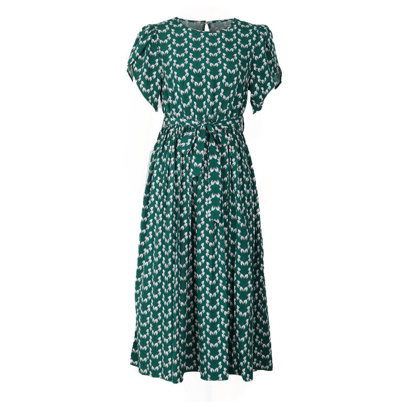 Puff Sleeve Tulip Print Tie Waist Midi Dress - Green - 6