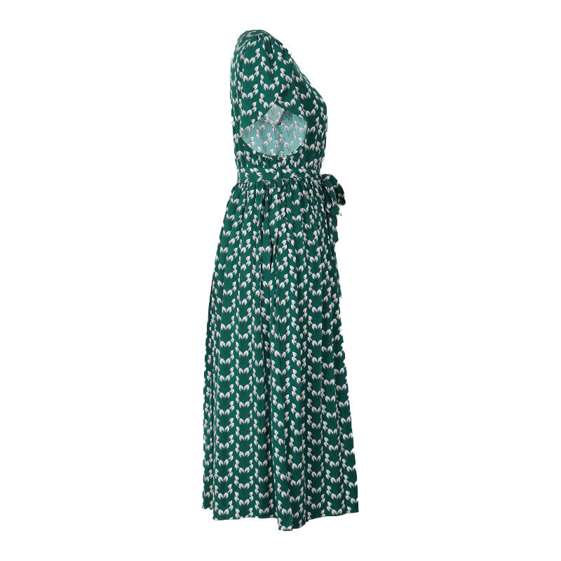 Puff Sleeve Tulip Print Tie Waist Midi Dress - Green - 7