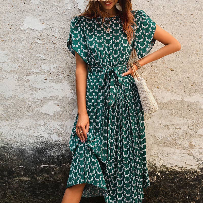 Puff Sleeve Tulip Print Tie Waist Midi Dress
