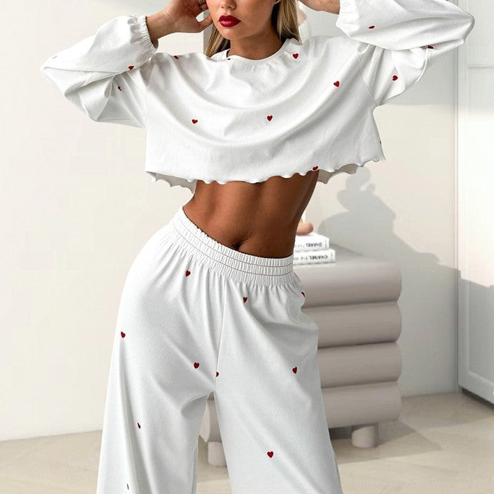 Heart Print Lettuce Hem Wide Leg Lounge Set - Heart