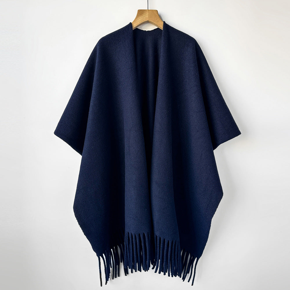Fringed Open Front Ruana Wrap Scarf - Blue