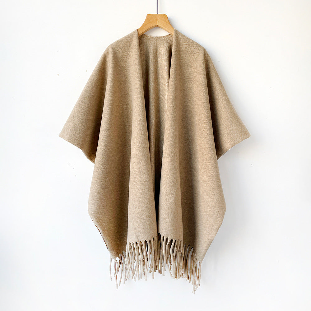 Fringed Open Front Ruana Wrap Scarf - Coffee