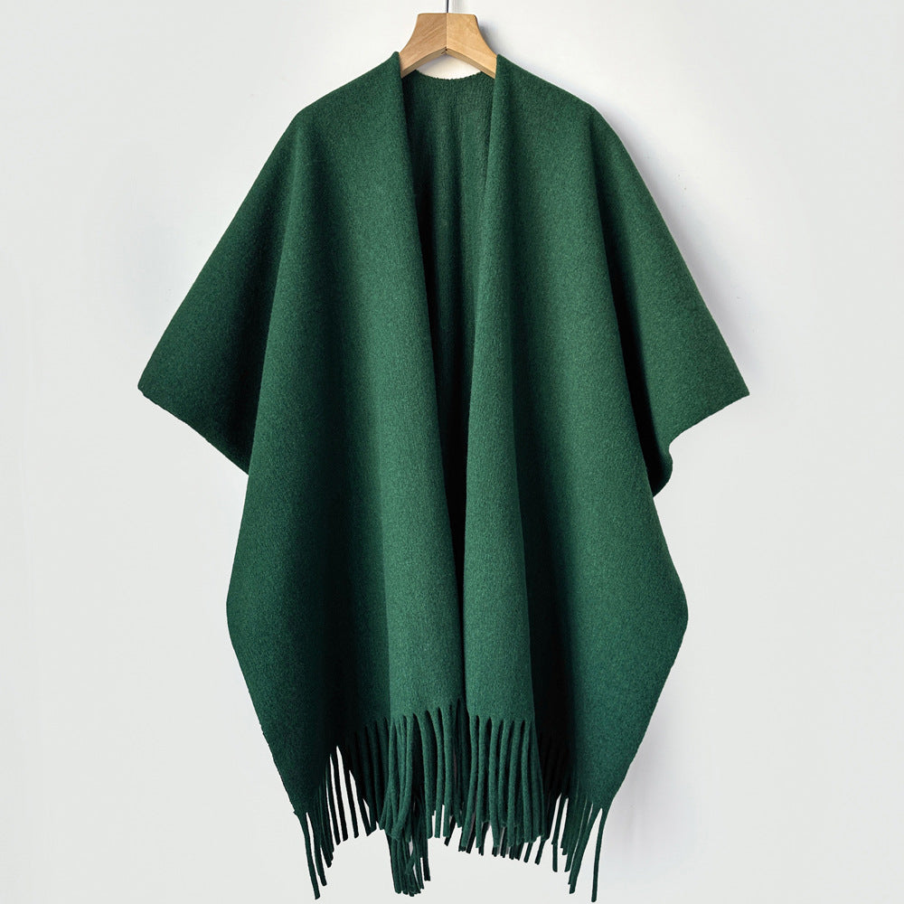Fringed Open Front Ruana Wrap Scarf - Green