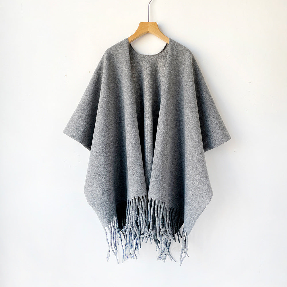 Fringed Open Front Ruana Wrap Scarf - Grey
