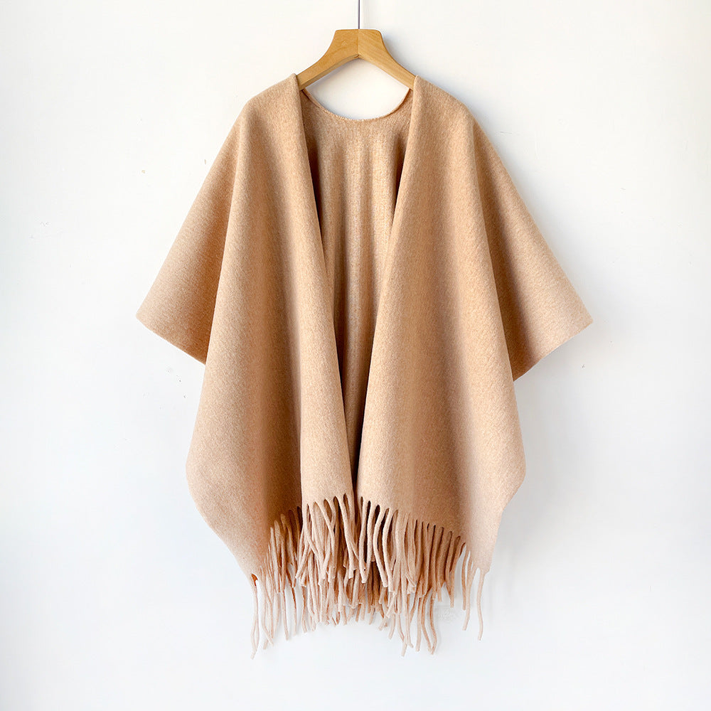 Fringed Open Front Ruana Wrap Scarf - Khaki