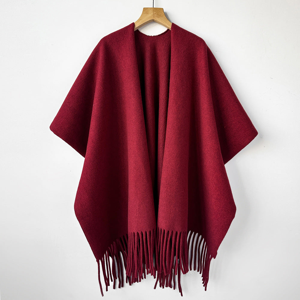 Fringed Open Front Ruana Wrap Scarf - Red