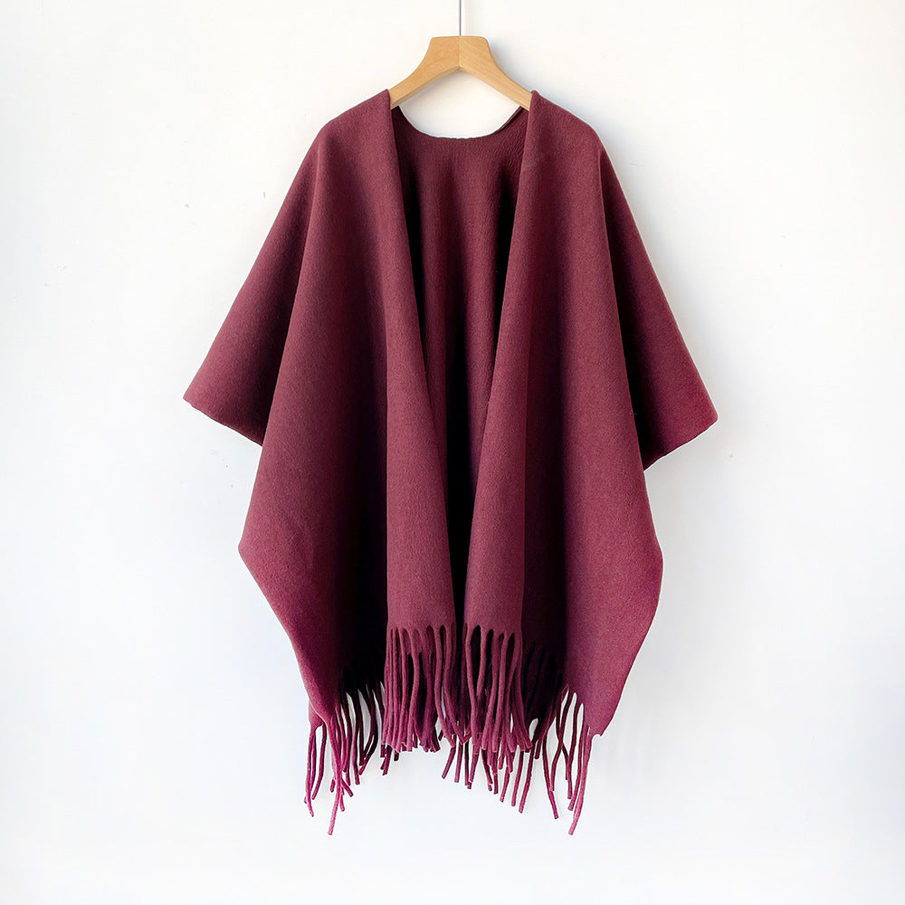Fringed Open Front Ruana Wrap Scarf - Wine-Red