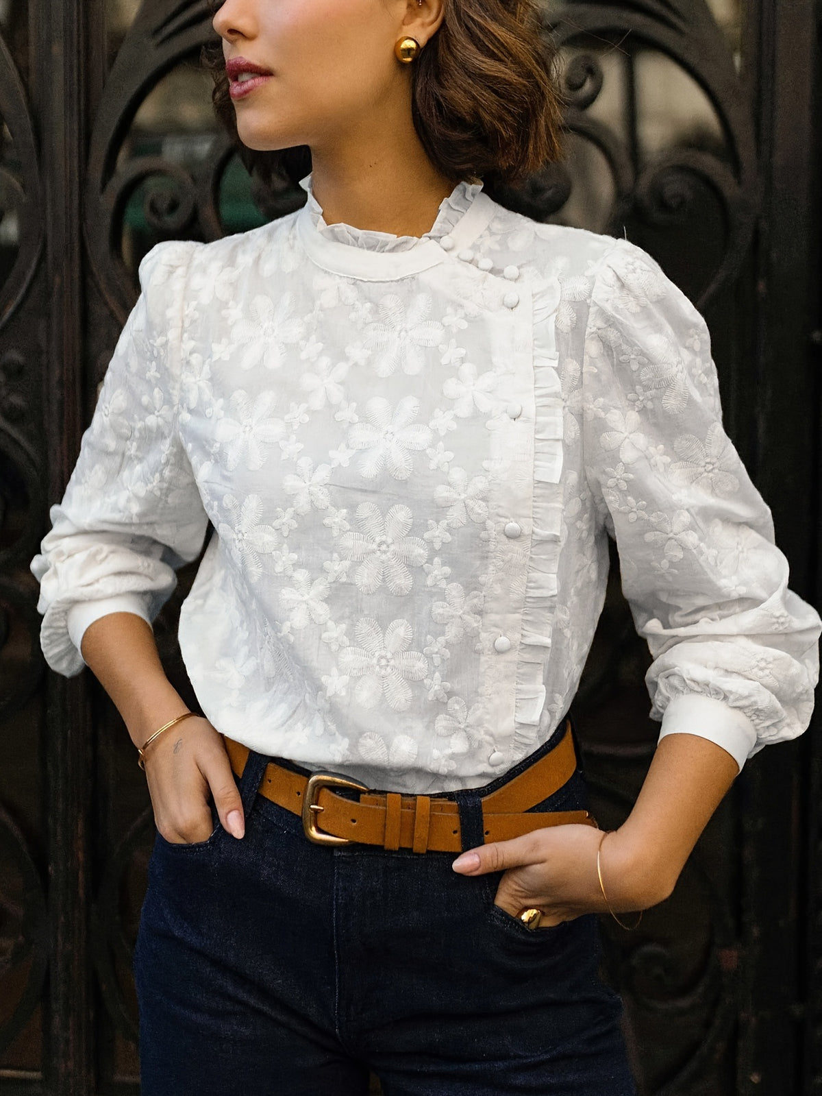 Daisy Embroidered Frill Neck Blouse - White