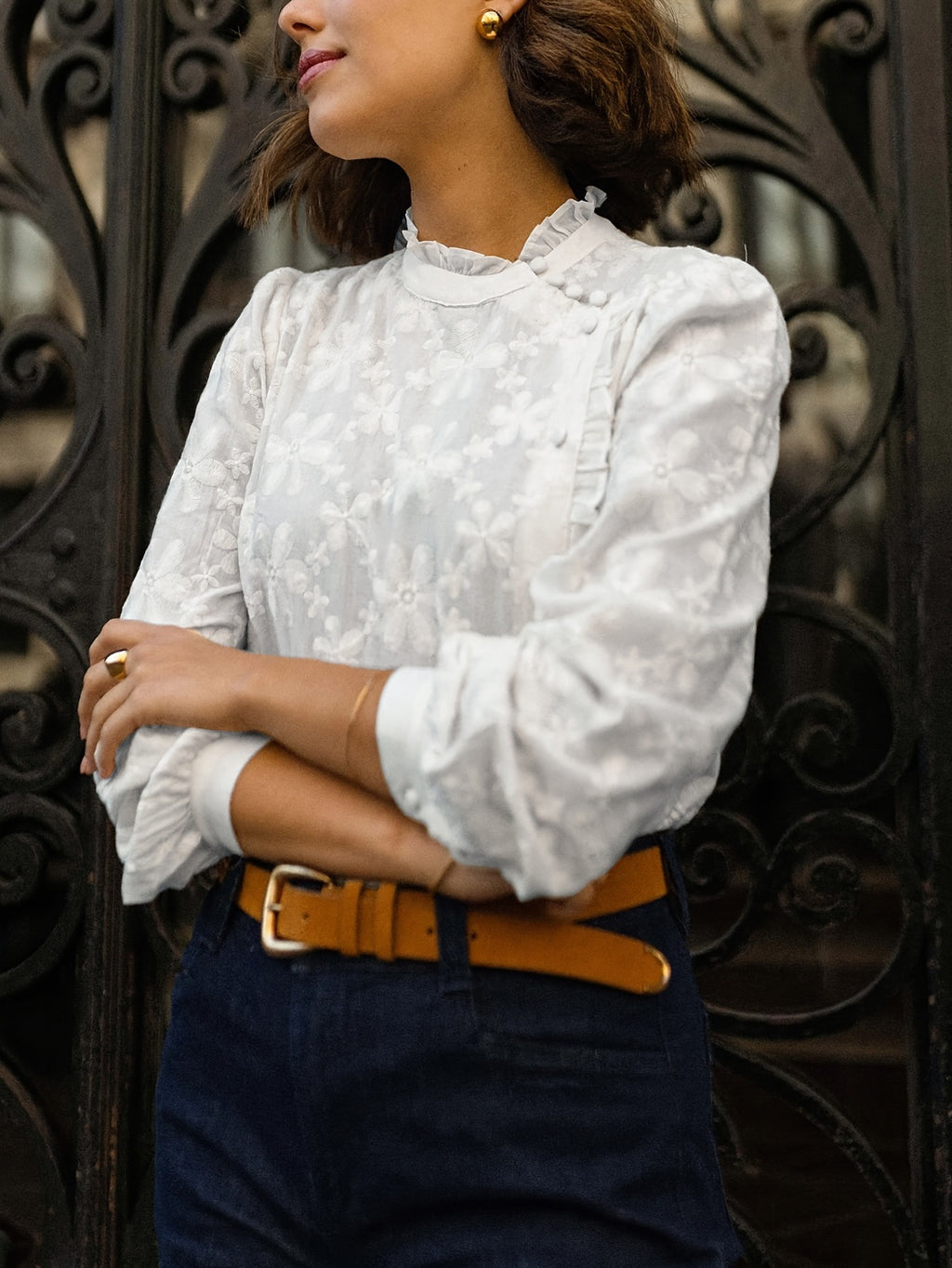 Daisy Embroidered Frill Neck Blouse - White - 2