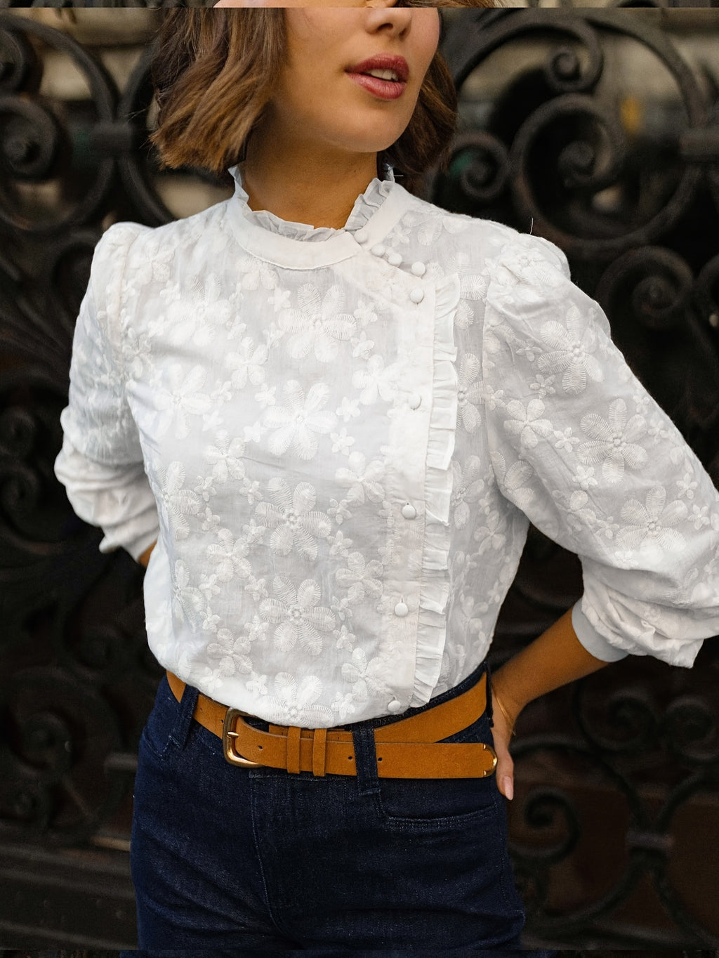 Daisy Embroidered Frill Neck Blouse - White - 3
