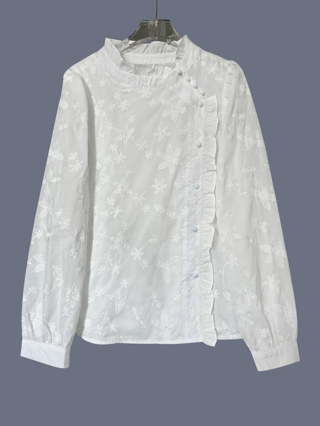Daisy Embroidered Frill Neck Blouse - White - 4
