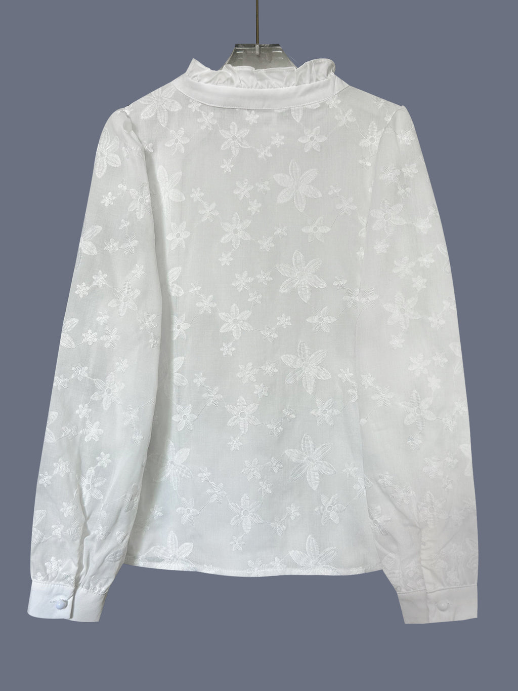 Daisy Embroidered Frill Neck Blouse - White - 5