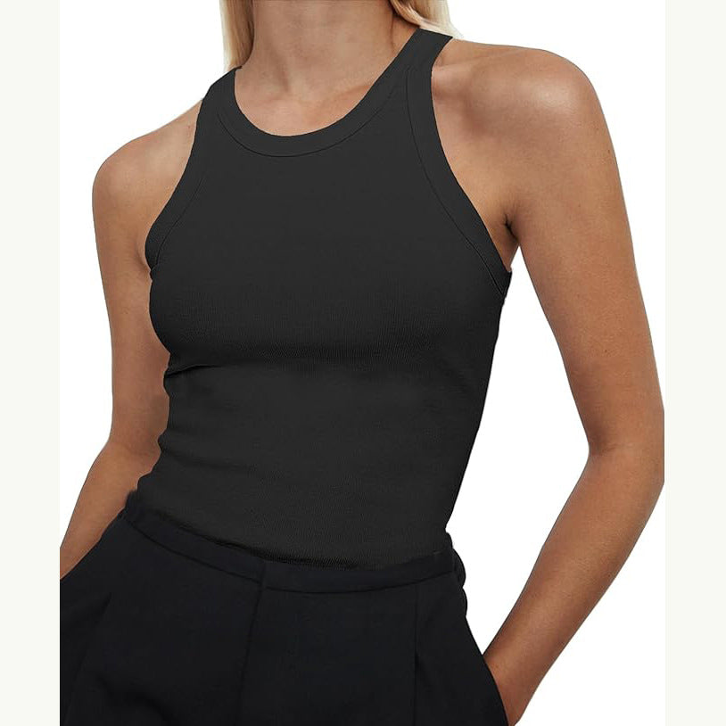 Ribbed Racer Neck Basic Tank Top - Black