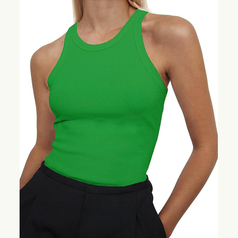 Ribbed Racer Neck Basic Tank Top - Green