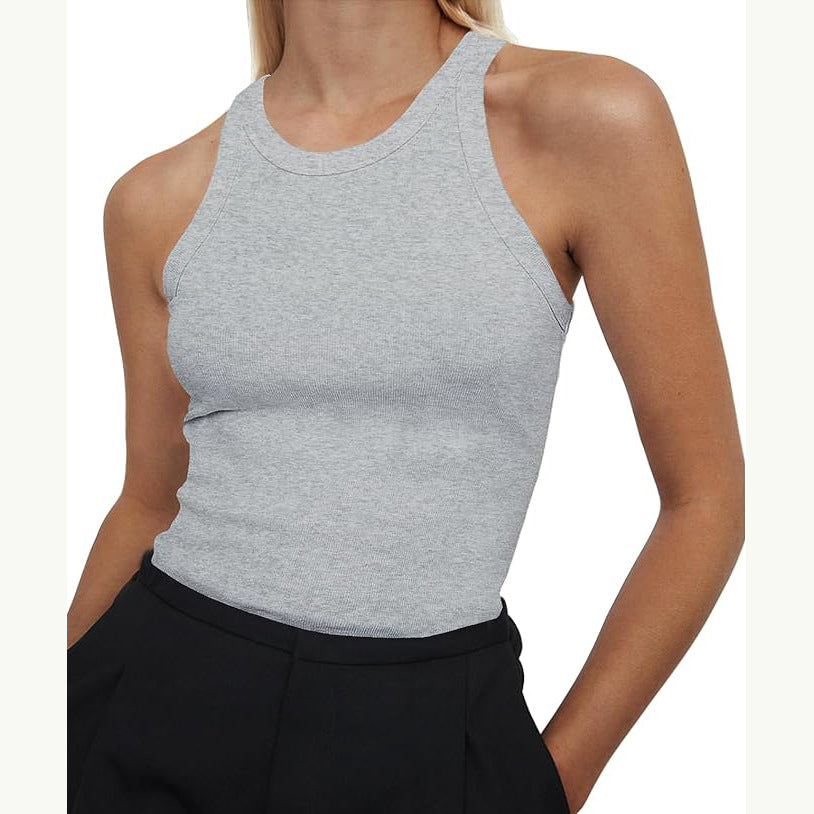 Ribbed Racer Neck Basic Tank Top - Grey