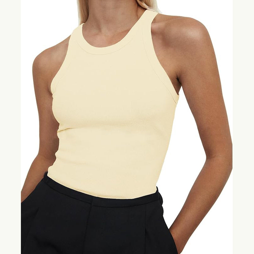 Ribbed Racer Neck Basic Tank Top - Khaki