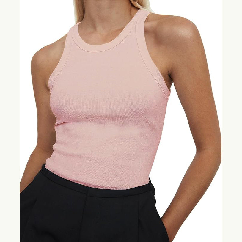 Ribbed Racer Neck Basic Tank Top - Pink
